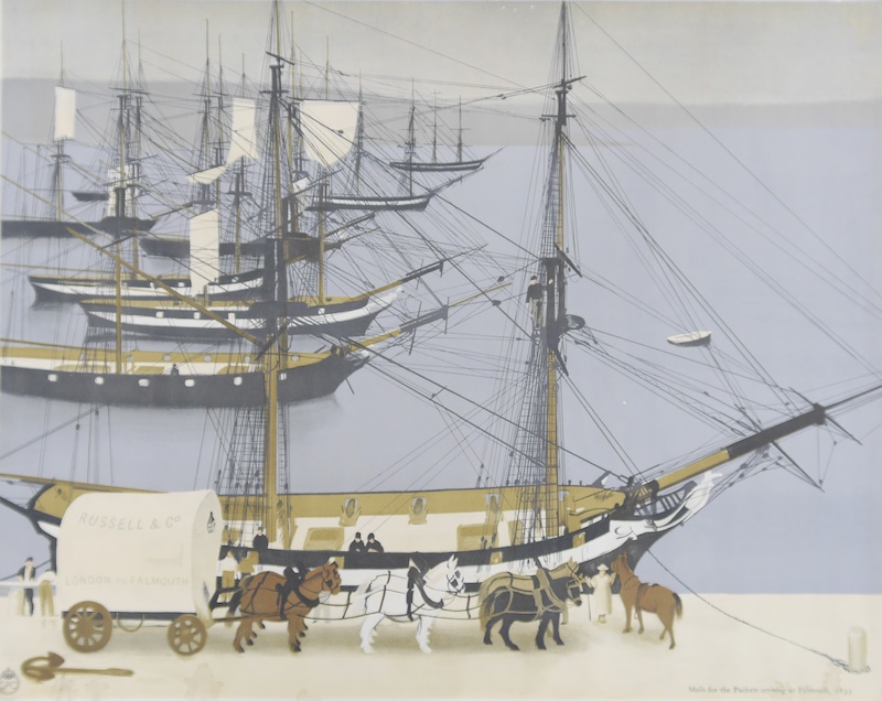 Harold Sandys Williamson (1882-1978), an advertising colour GPO poster, 'Mails for the Packets arriving at Falmouth, 1833', 51 x 64cm, unframed. Condition - fair